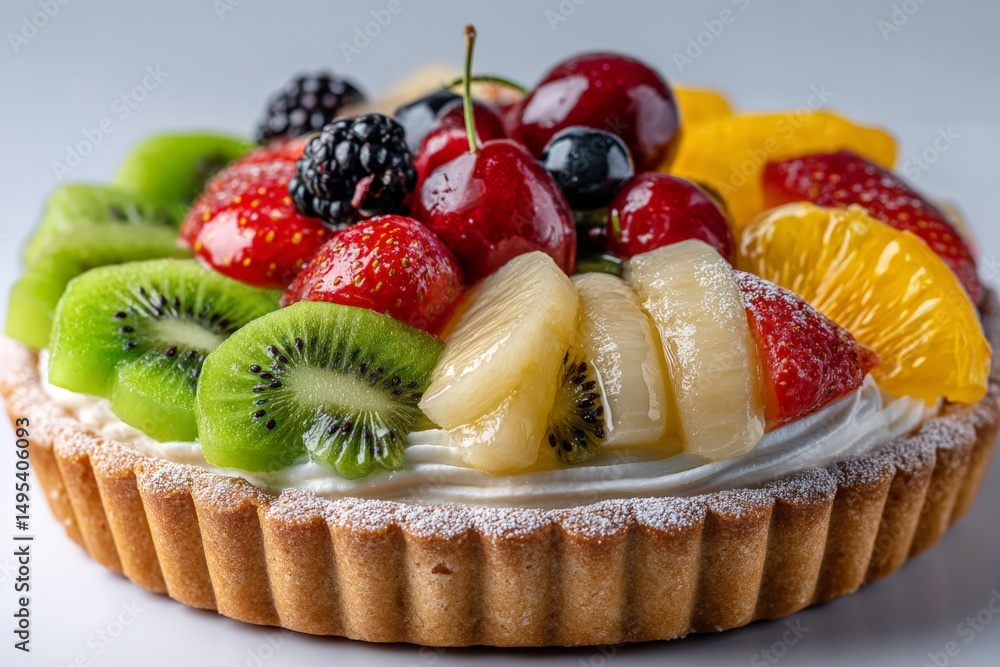 Poster colorful fruit tart with assorted berries and cream on a bright background ready to be served