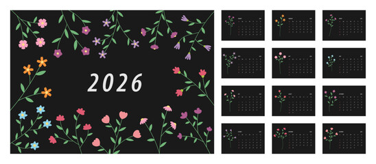 2026 Floral Calendar Template. Week starts on Monday. Replaceable text. Landscape resolution
