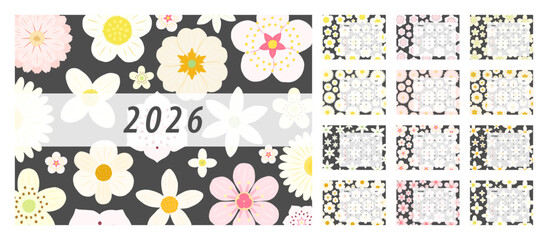 2026 Floral Calendar Template. Week starts on Monday. Replaceable text. Landscape resolution