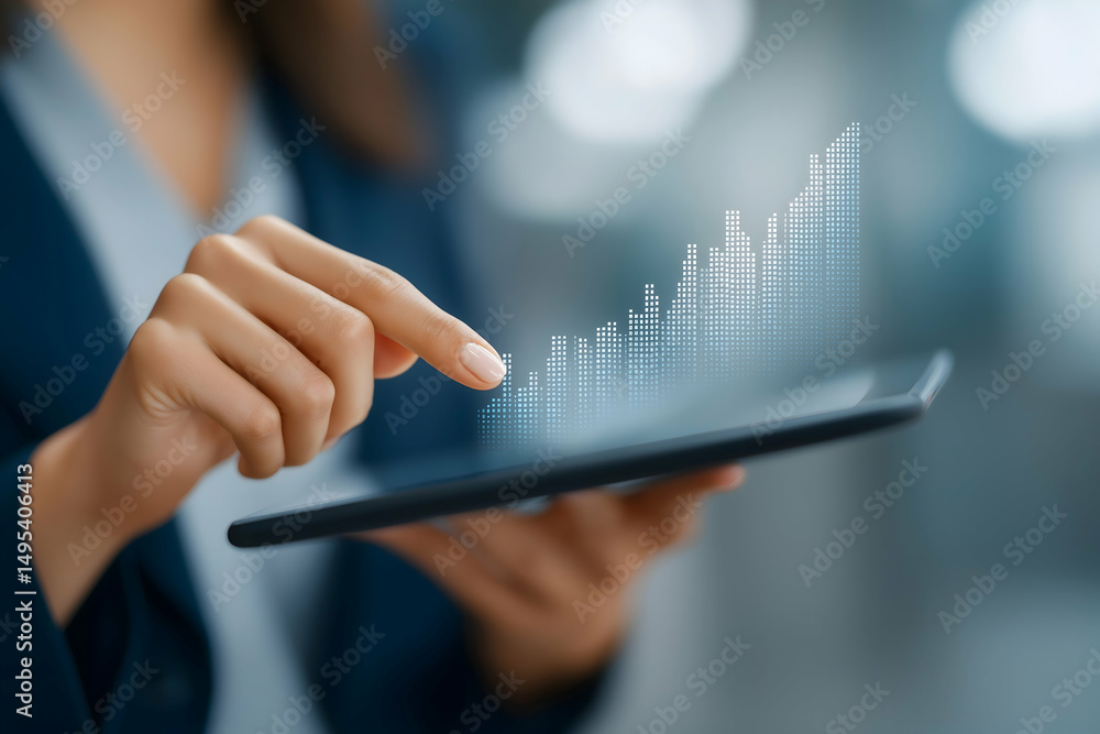 Poster a person interacts with a digital tablet, analyzing a rising virtual bar graph, symbolizing business