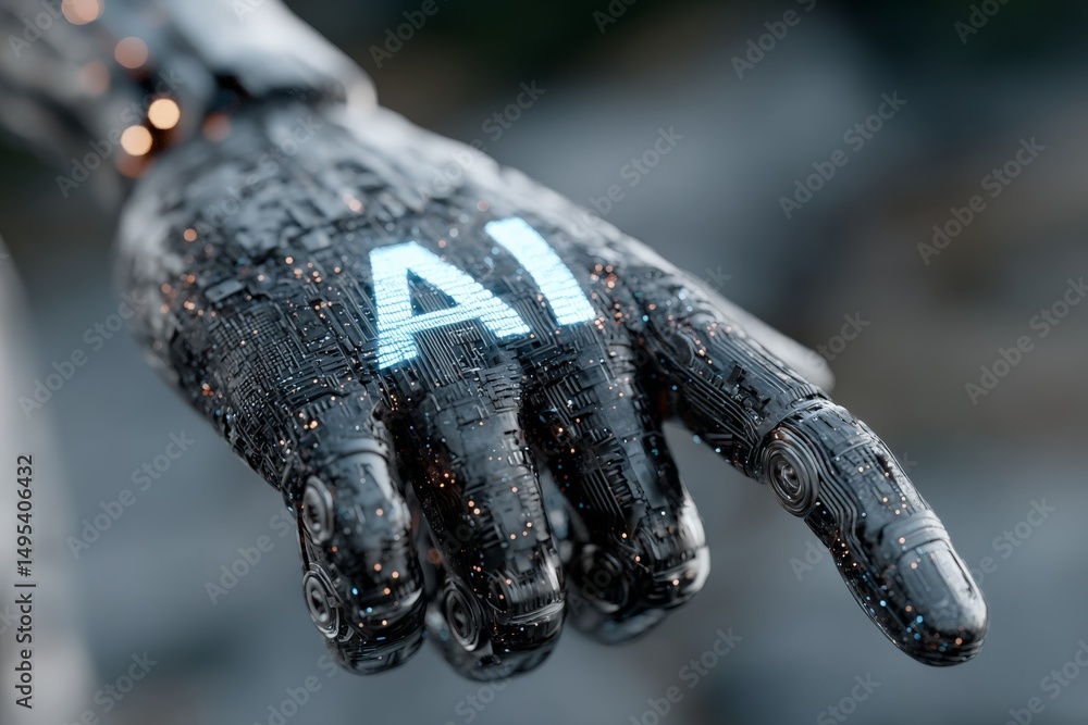 Aufkleber Futuristic robotic hand with illuminated AI display points towards the future of technology in a creative setting