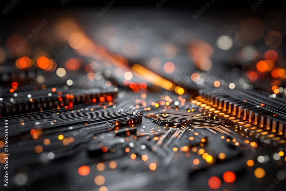 Fototapete close-up view of an intricate circuit board with glowing lights showcasing advanced technology and d