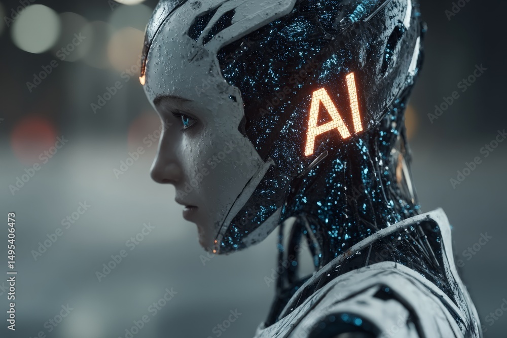 Poster futuristic robot with glowing ai feature in a high-tech city landscape at night