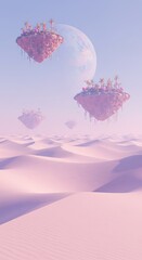 Obraz premium Surreal desert landscape with floating islands, a giant moon, and soft colors, evoking a dreamlike state