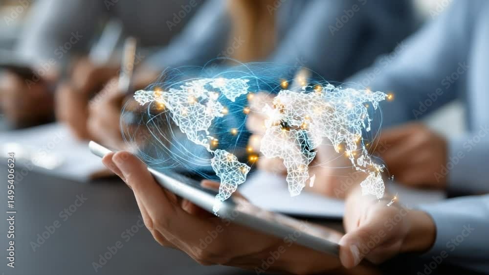 Poster global connection: an image capturing a globe projected onto a tablet device, held by person hands, 