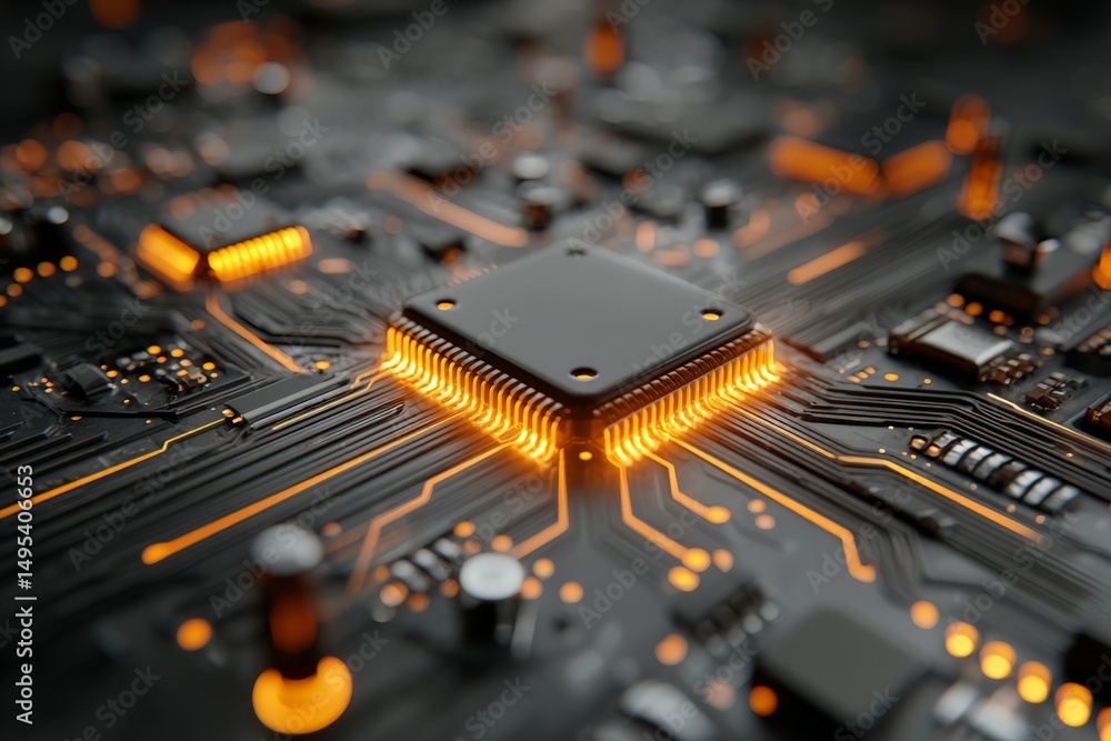 Poster close-up view of a modern microchip surrounded by intricate circuit patterns with glowing elements