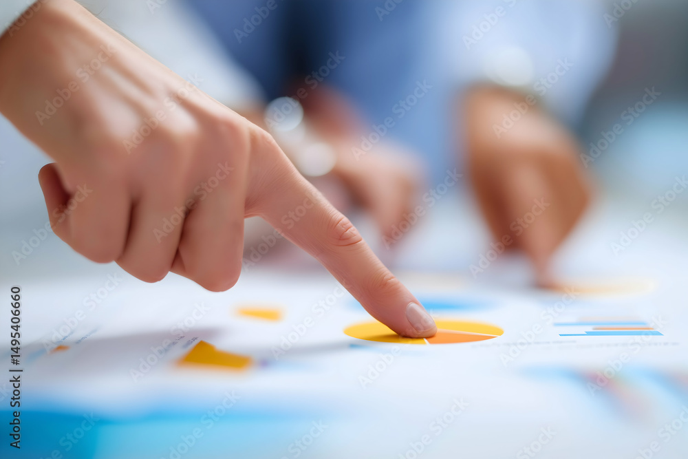 Poster business professionals analyzing colorful graphs and charts during a meeting, focusing on data and f