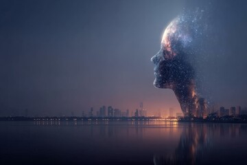 Intricate silhouette of a cosmic figure against a city skyline at twilight