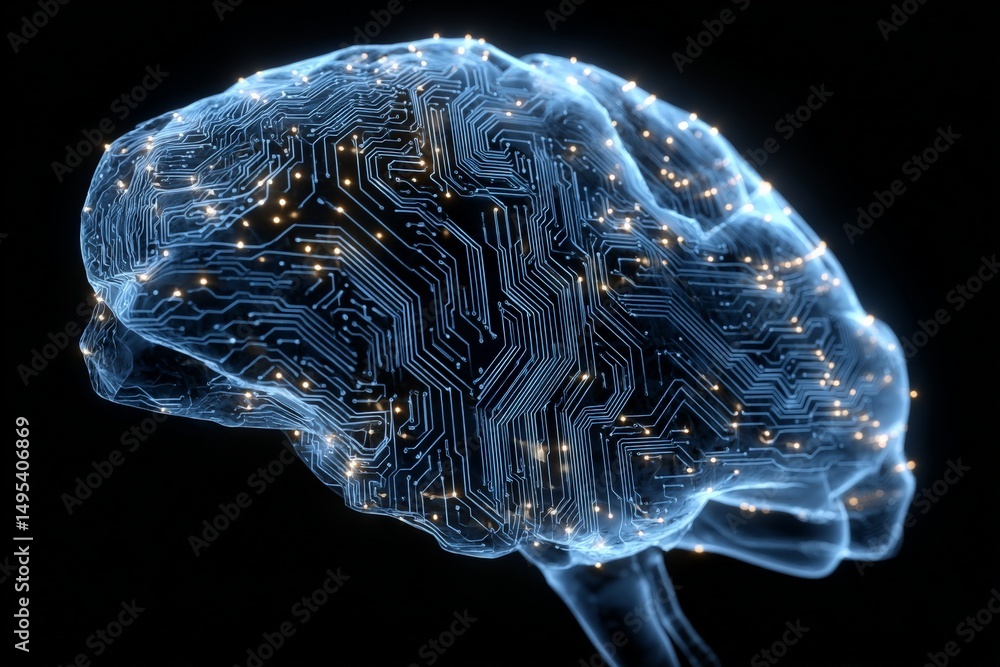 Aufkleber Digital brain model showcasing circuit patterns and illuminated connections in a futuristic representation of neural activity