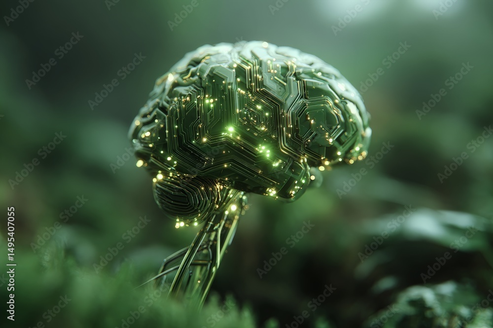 Aufkleber Digital brain structure illuminated in a lush green forest setting with futuristic circuitry details