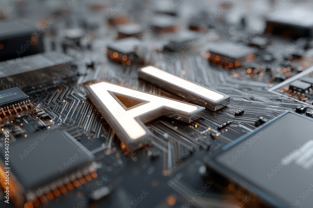 Aufkleber Circuit board backdrop emphasizes AI technology with glowing letters in a modern, digital environment