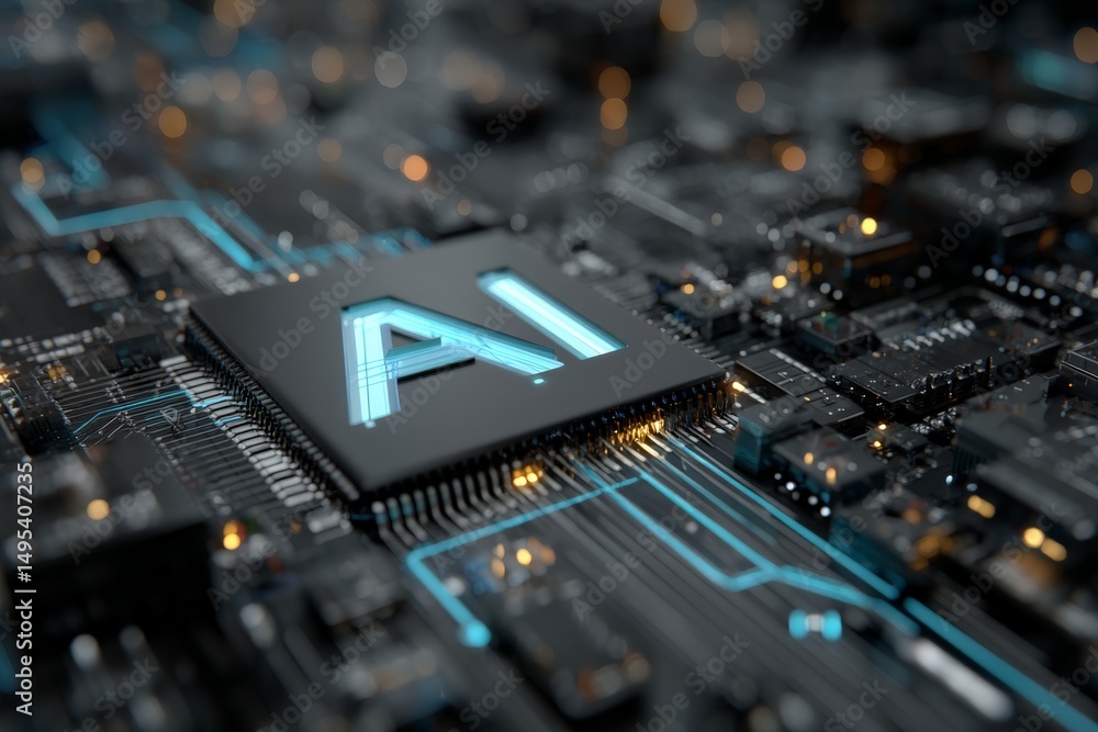 Aufkleber Modern technology highlighting AI processor on circuit board with glowing connections at close-up view