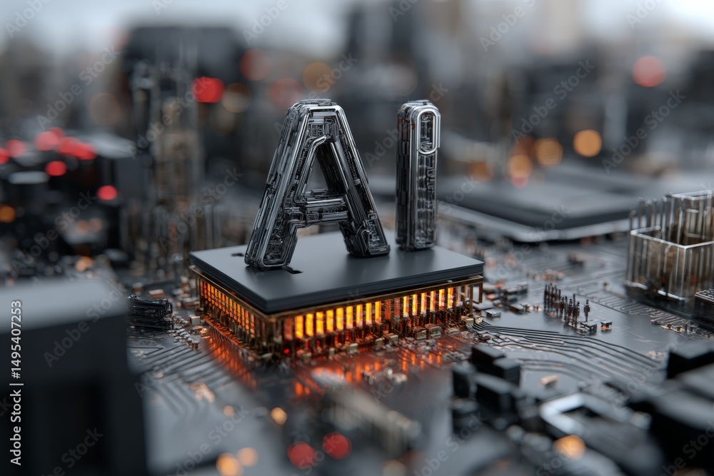 Aufkleber Artificial intelligence displayed on a computer chip in a modern technology environment with glowing circuitry