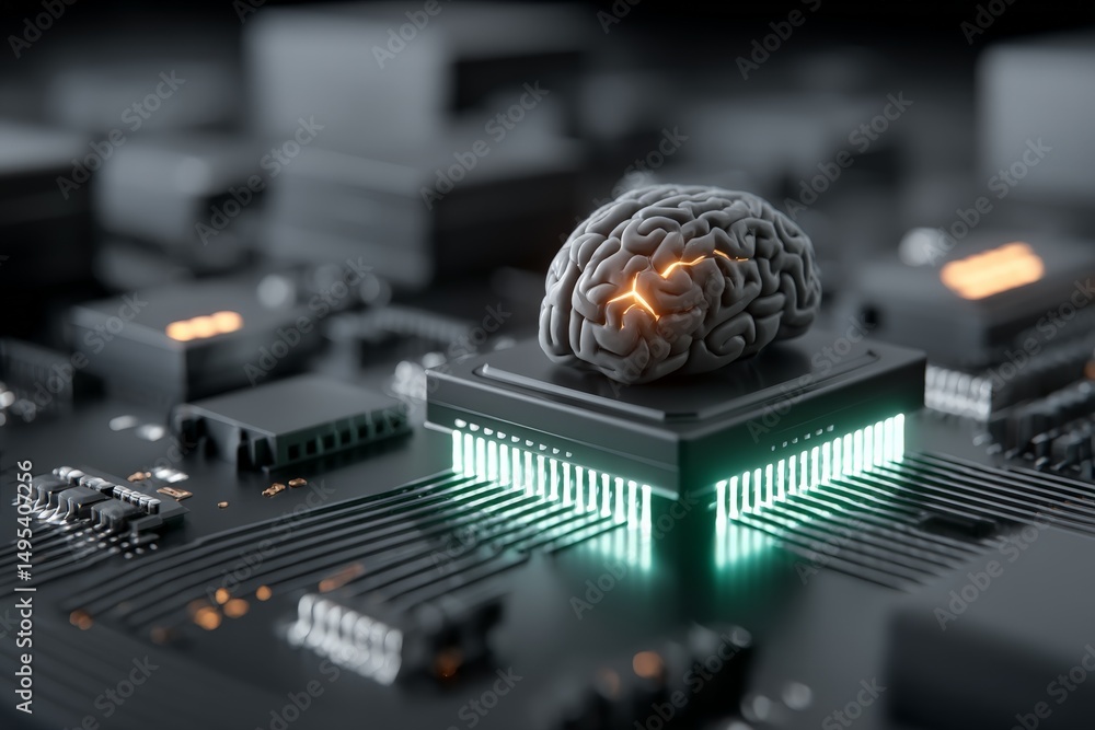 Poster Brain model positioned on a circuit board showcasing advanced technology and artificial intelligence concepts