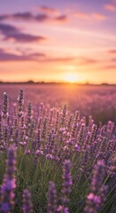 Naklejka premium A picturesque lavender field bathed in the soft glow of the setting sun. The vibrant purple flowers create a stunning contrast against the orange and pink sky