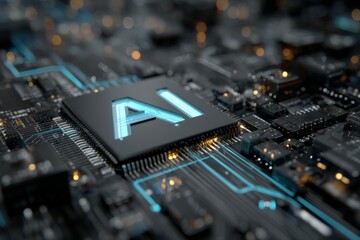 Modern technology highlighting AI processor on circuit board with glowing connections at close-up view
