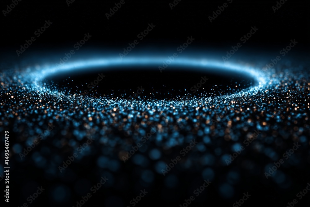 Poster Bright blue particles gather in a circular shape against a black background creating a captivating visual effect