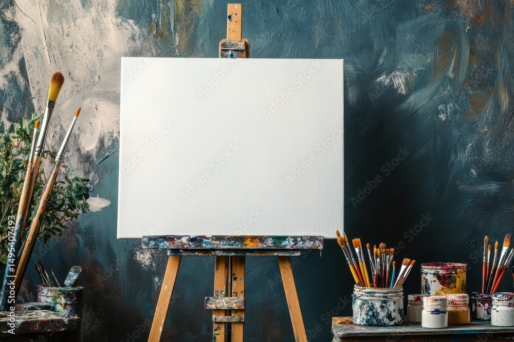 Aufkleber blank canvas on an easel with paintbrushes and a textured blue background. showcase your creative ar