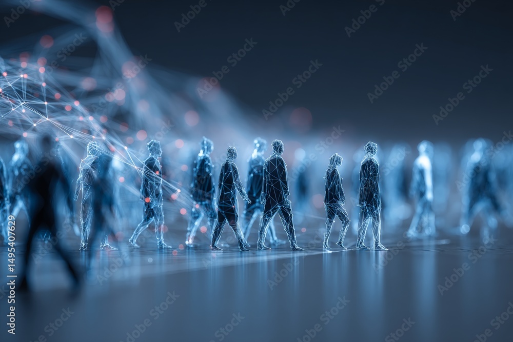 Poster futuristic depiction of people walking through a digital landscape with interconnected nodes