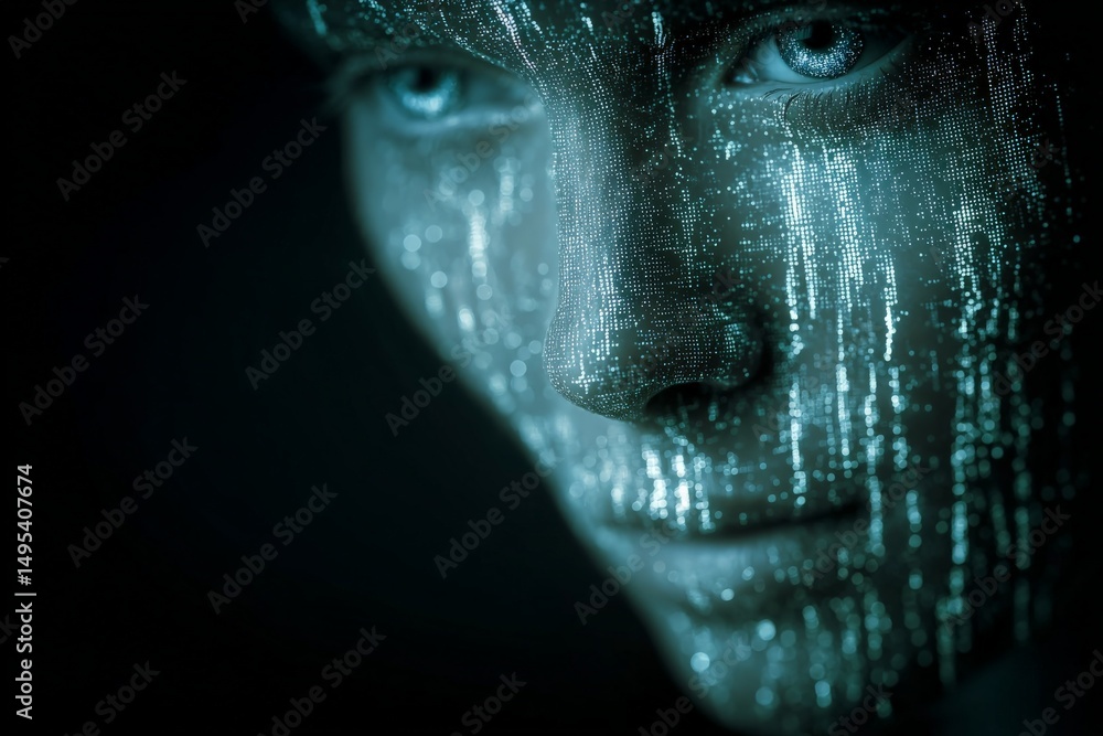 Aufkleber Digital projections illuminate a person's face in a futuristic representation of data and technology concepts