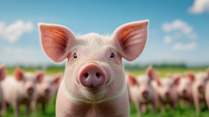 Charming Piglet with Bright Eyes Against a Background of Green Fields and Blue Sky