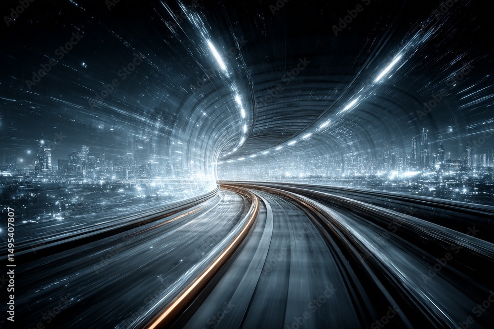 Aufkleber Dynamic view of a futuristic city tunnel at night with light trails and vivid city skyline backdrop creating a mesmerizing effect