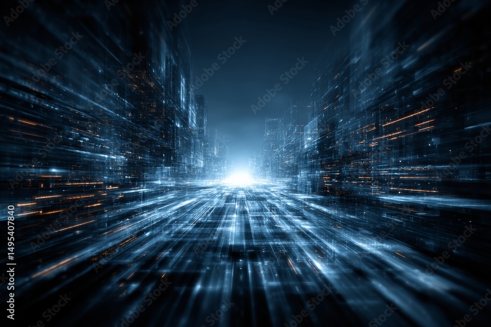 Aufkleber Digital cityscape with illuminated lines and glowing light in futuristic atmosphere at night