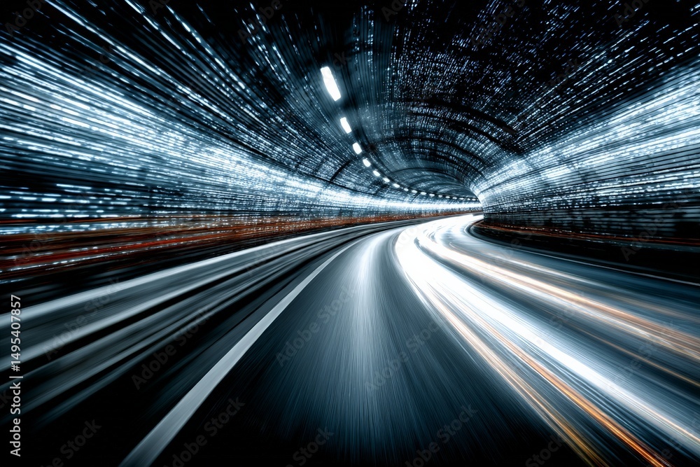 Poster Light trails create dynamic patterns in a tunnel during night travel