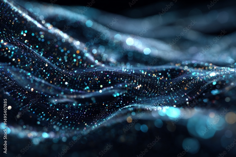 Poster Swirling waves of sparkling blue and silver particles create a mesmerizing cosmic effect in the dark background