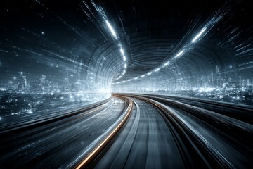 Dynamic view of a futuristic city tunnel at night with light trails and vivid city skyline backdrop creating a mesmerizing effect