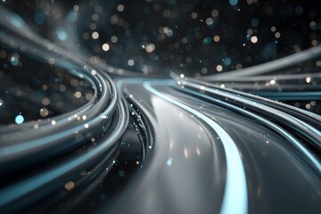 Fototapeta premium Swirling lines and sparkling particles create an abstract digital landscape with depth and movement at night