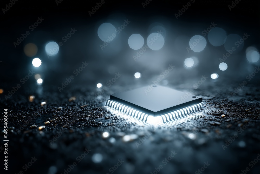 Aufkleber Microchip illuminated on circuit board with glowing elements in a dark setting