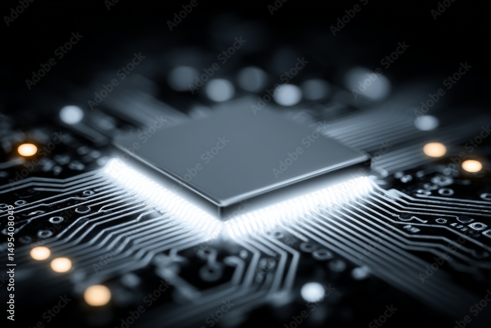 Aufkleber Close-up view of a modern microchip on a circuit board with glowing components in a dark setting