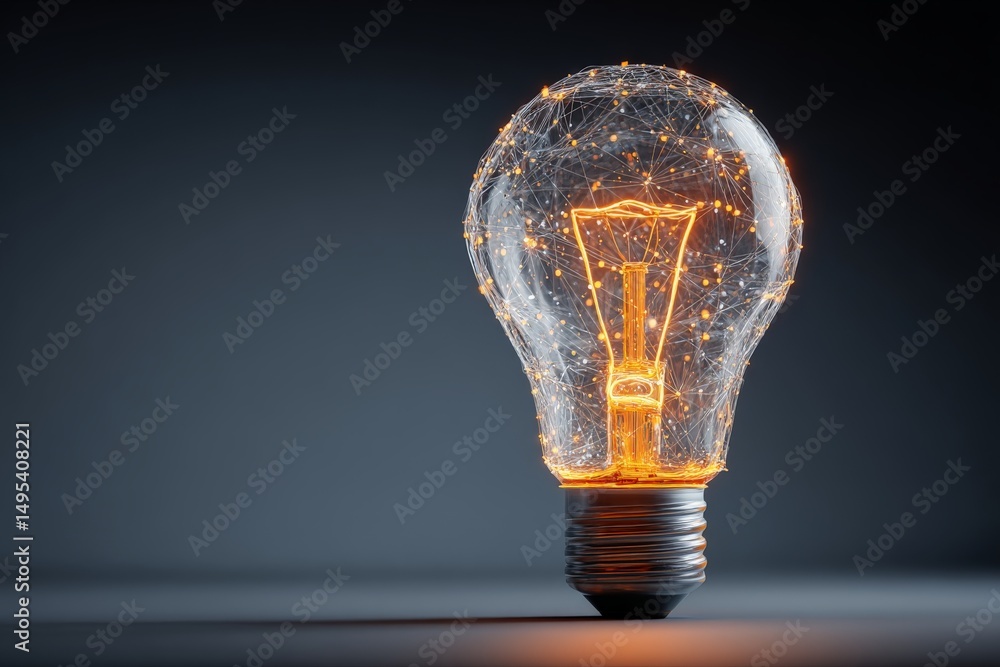 Poster Light bulb glowing with intricate network design illuminating in a dark setting showcasing modern creativity