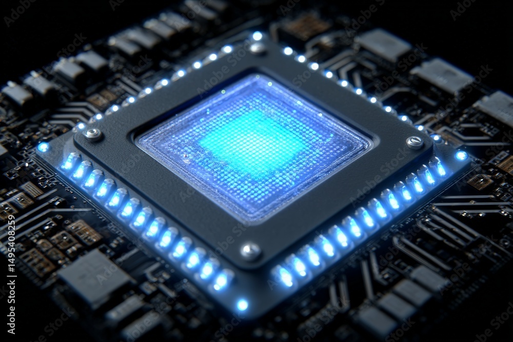 Leinwandbilder close up view of a modern microchip illuminated with blue lights and intricate circuitry