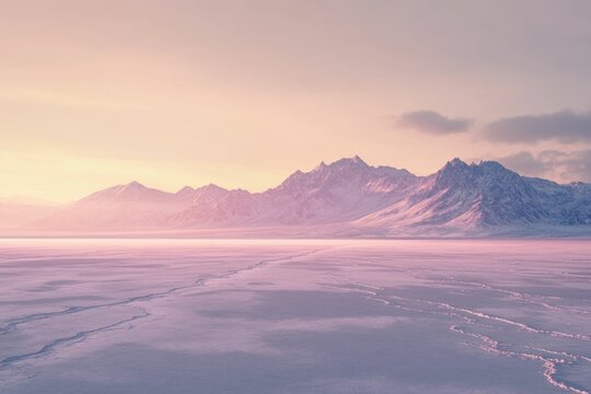 Serene winter landscape: snow-covered plain meets majestic, snow-capped mountains under a soft, pastel sunset. - Powered by Adobe