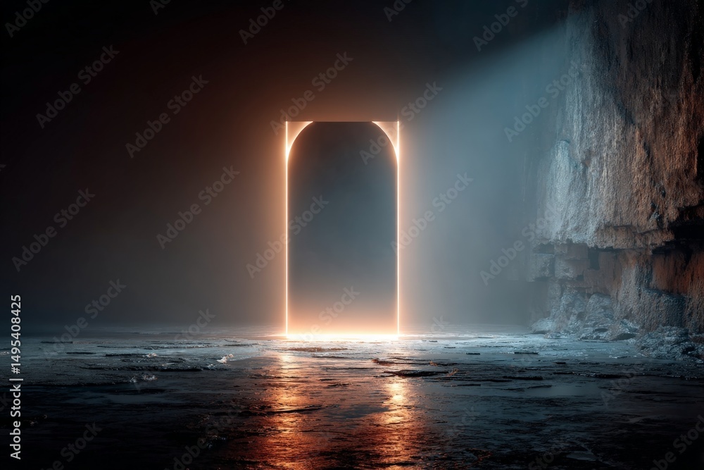 Poster mysterious illuminated doorway in a dark cave setting captures the imagination at twilight