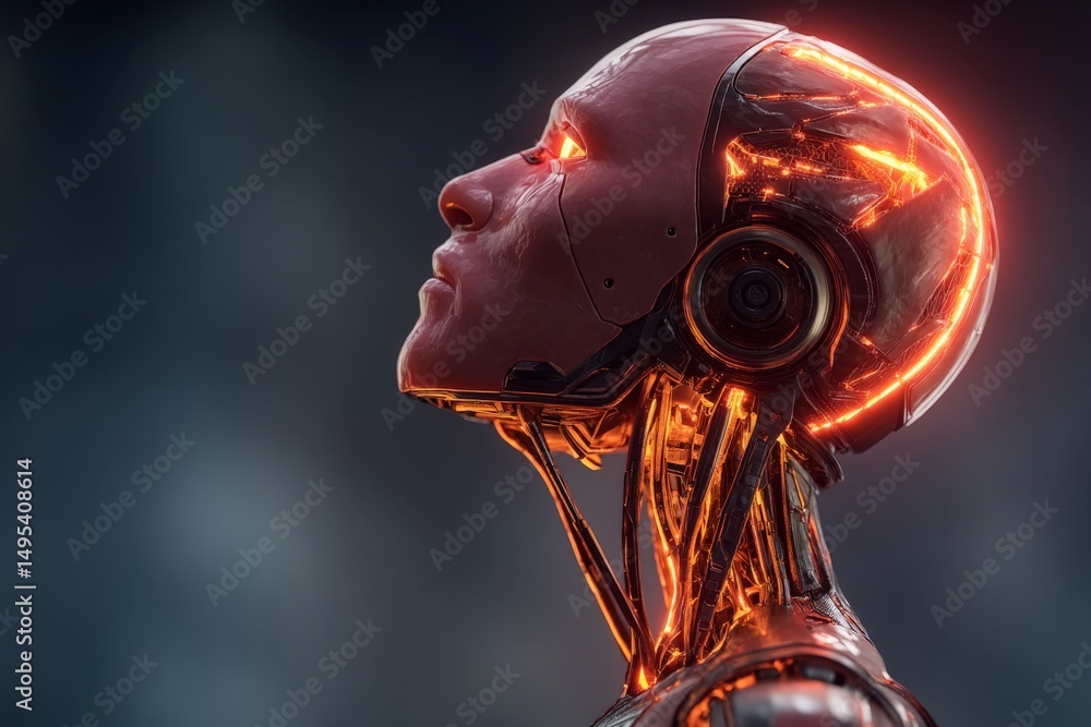 Poster futuristic android with glowing circuitry in profile view during a sci-fi themed event