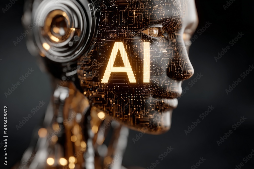 Poster Futuristic humanoid robot with glowing AI emblem showcases advanced technology and artificial intelligence concepts