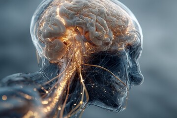 Human brain within an abstract figure showcasing neural connections and glowing elements