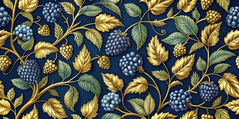 Golden Vines and Jewel-Toned Berries A Luxurious Botanical Pattern Design for Elegant Home Decor and Fashion Applications
