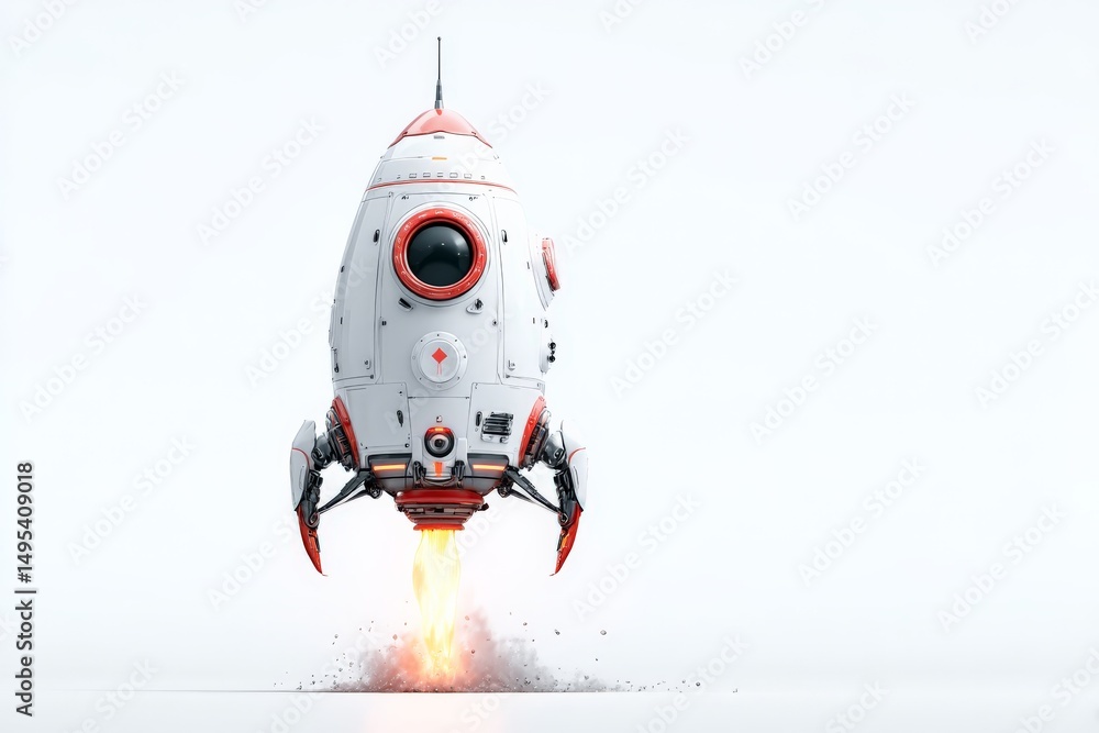 Aufkleber Rocket launches into the sky with bright flames against a minimalist backdrop showcasing innovative design and engineering