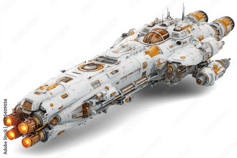 Poster detailed model of a futuristic spaceship showcasing intricate design elements in a clean setting