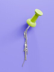 3D Render of Bent Green Pushpin on Lilac Background 