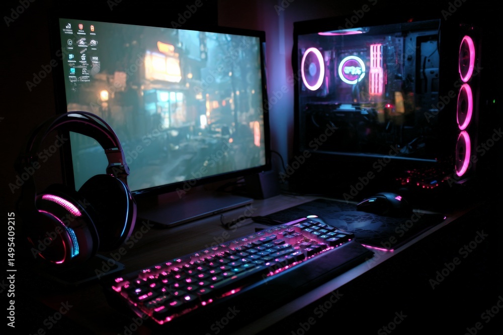 Poster modern gaming setup with glowing peripherals in a dimly lit room showcasing advanced gaming technolo