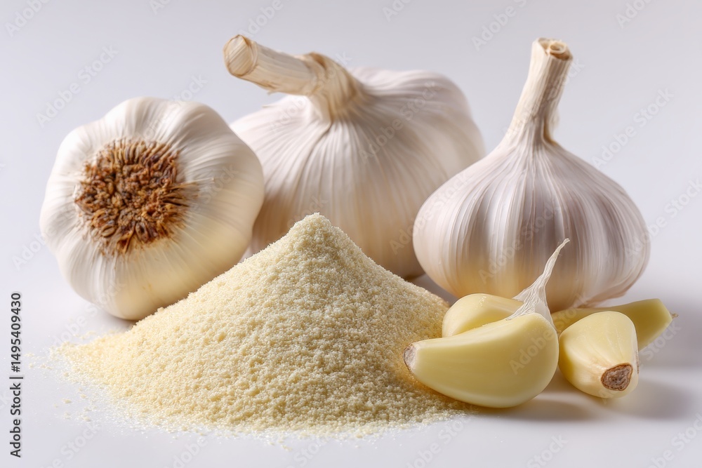 Poster fresh garlic cloves and garlic powder arranged on a white background highlighting their textures and