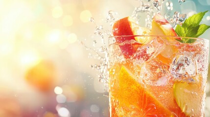 Vibrant cocktail in the sun with reflections of fruit and light splashes