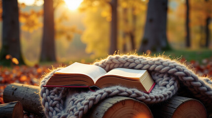 Open book lies on a cozy knitted blanket amid autumn leaves and trees