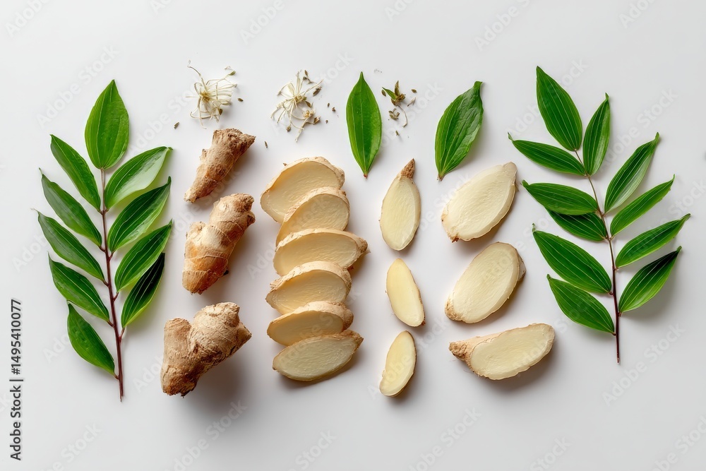 Aufkleber fresh ginger roots and slices arranged with leaves and flowers on a white background for culinary us