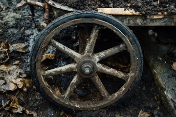 Fototapeta premium Aged wheel on a rusty cart in the mud